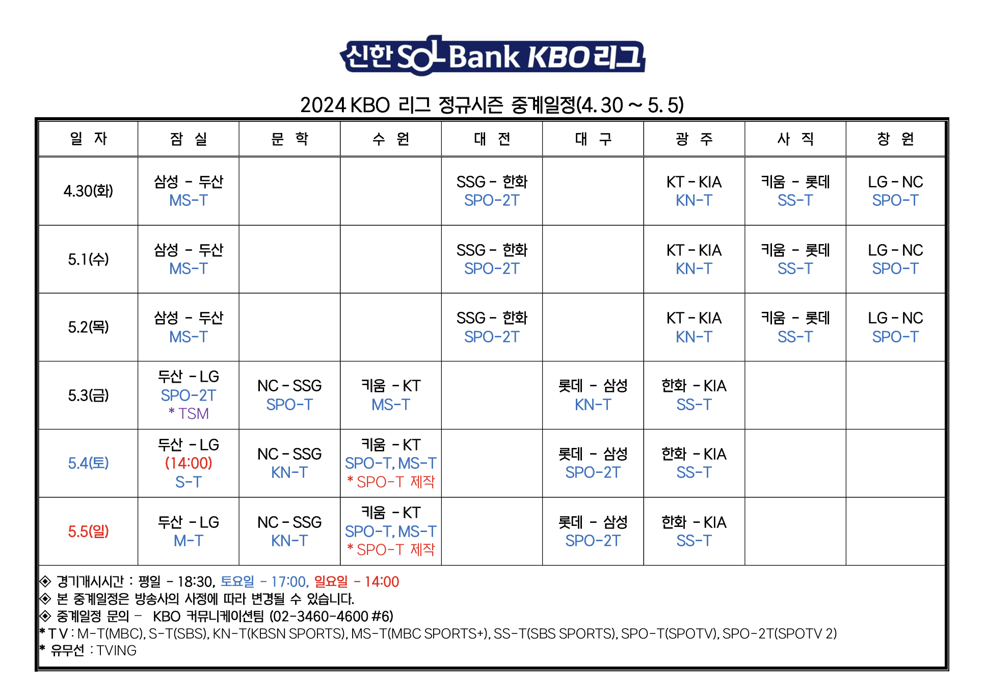 2024 KBO리그 정규시즌 중계일정(4.30 ~ 5.5)